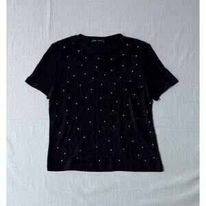 Zara Women’s RHINESTONE-EMBELLISHED T-SHIRT Short Sleeve Top - Black - Size S